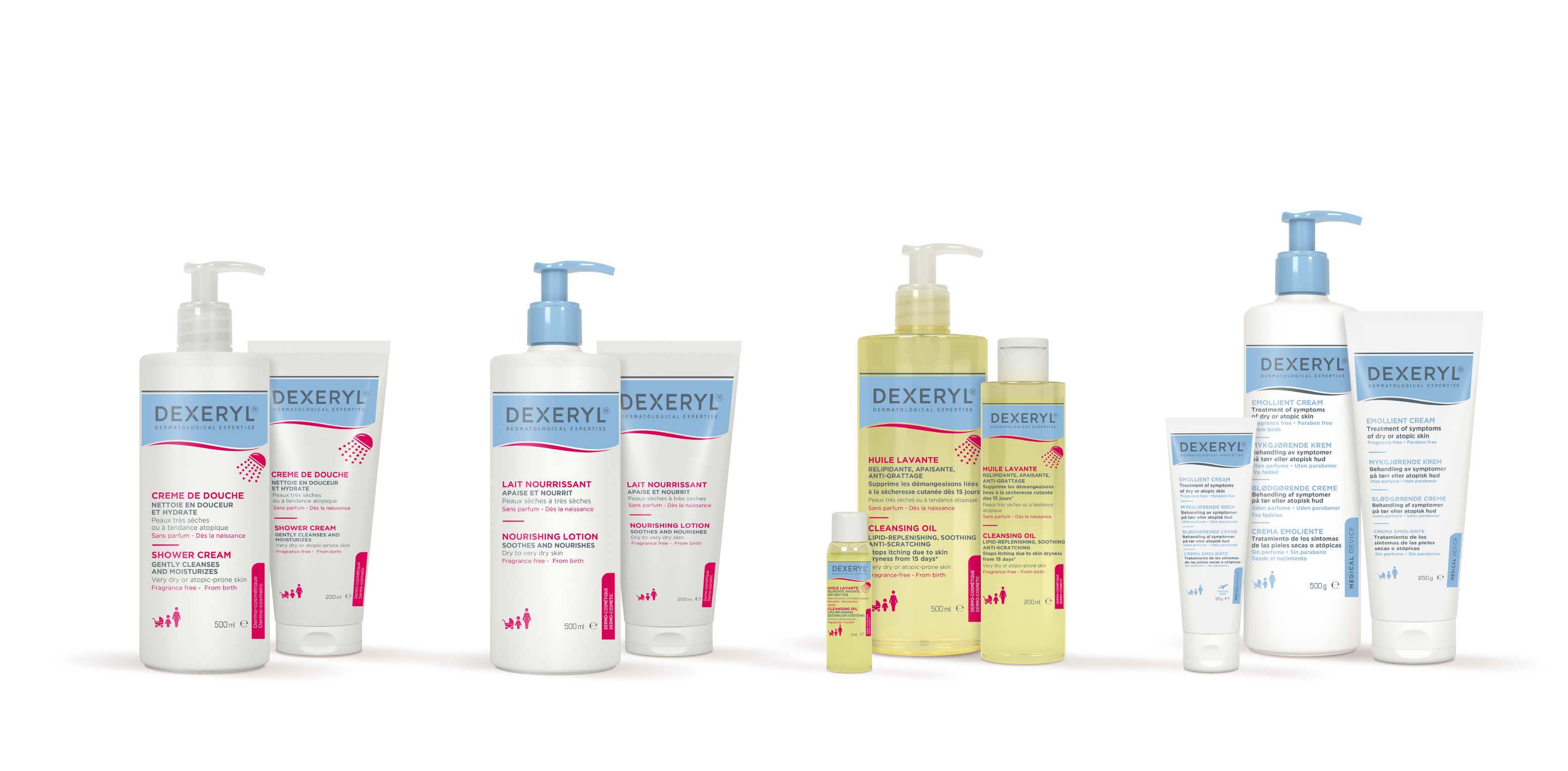 Photo of the Dexeryl complete range with the shower, the nourishing lotion, the cleansing oil and the emollient cream